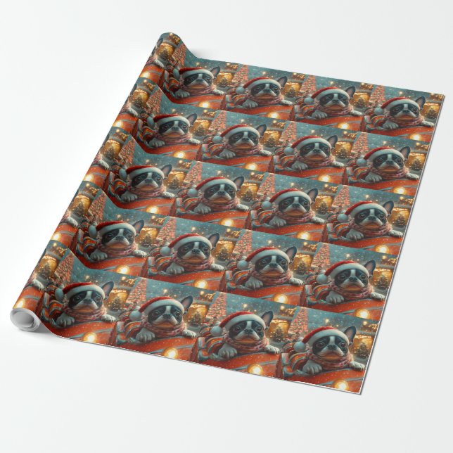 Boston Terrier Dog Roller Coaster Christmas Wrapping Paper (Unrolled)
