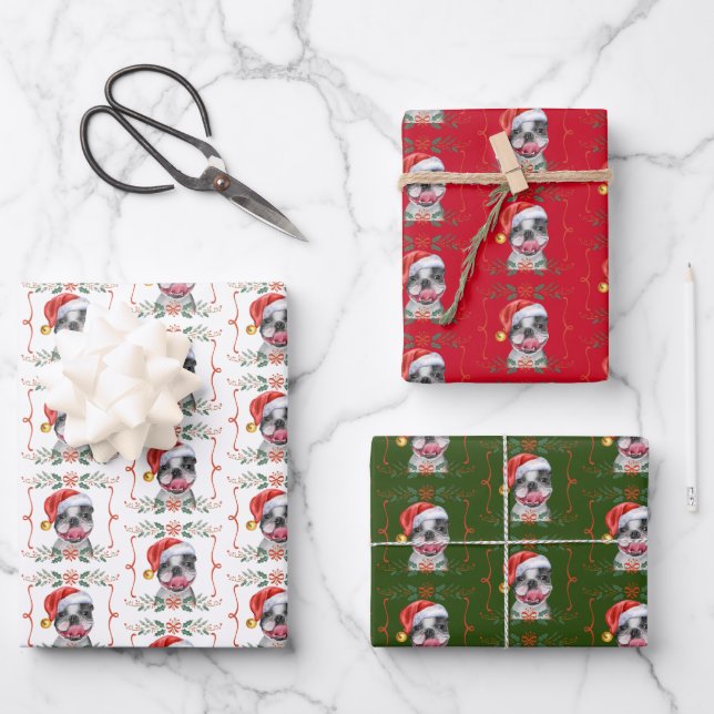 Boston Terrier Dog Santa Christmas Wrapping Paper Sheets (Front)
