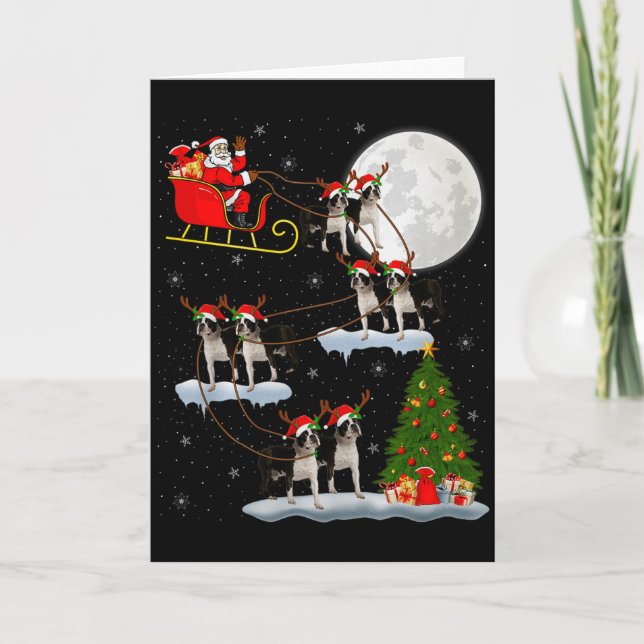 Boston Terrier Dog Santa Sleigh Flying Funny Chris Card (Front)