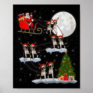 Boston Terrier Dog Santa Sleigh Flying Funny Chris Poster
