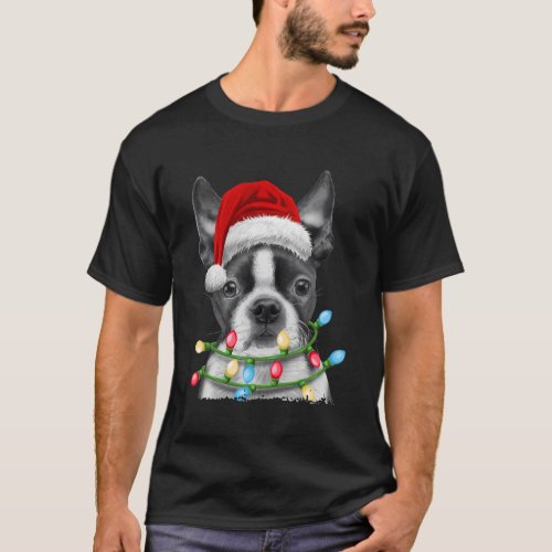 Boston Terrier Dog Santa Tree Lights T_Shirt