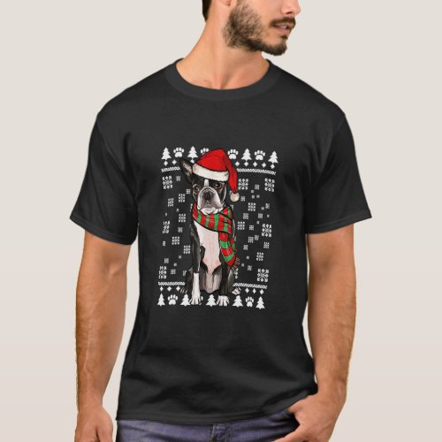 Boston Terrier Dog Santas Hat Xmas Ugly Christmas  T_Shirt