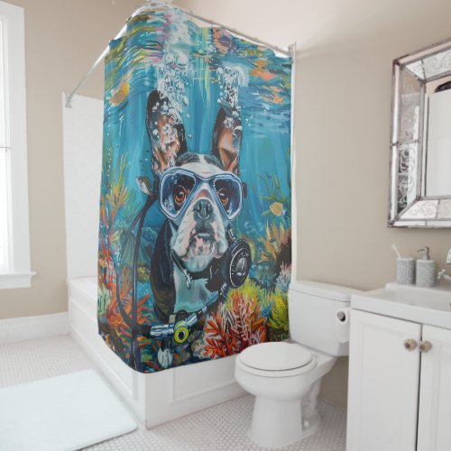 Boston Terrier Dog Scuba Diving Underwater Shower Curtain