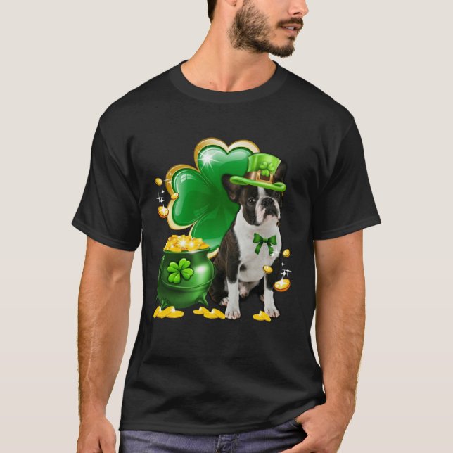 Boston Terrier Dog Shamrock Irish Saint St Patrick T-Shirt (Front)