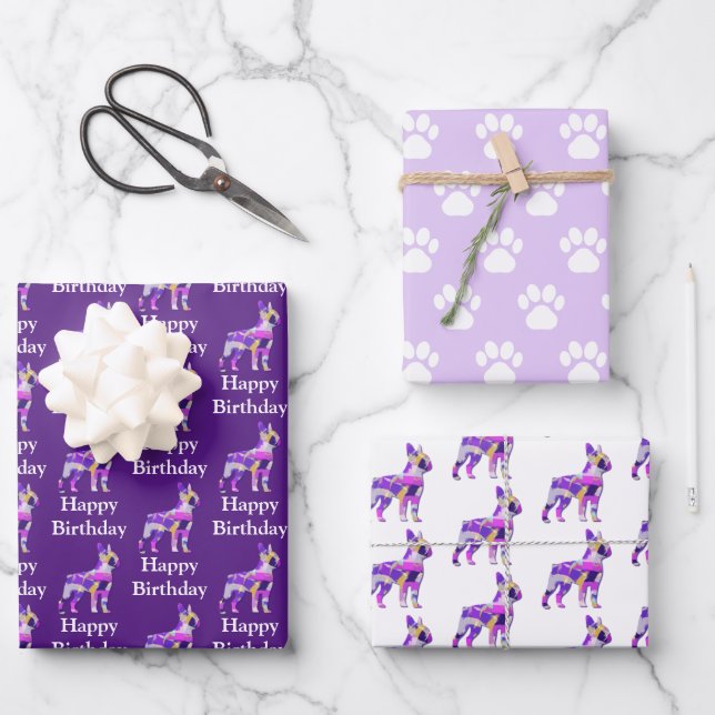 Boston Terrier Dog Silhouette Purple Happy Bday Wrapping Paper Sheets (Front)
