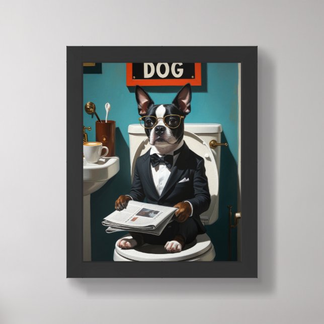 Boston Terrier Dog Sitting On Toilet Funny Framed Art (Framed Front)