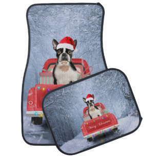 Boston Terrier Dog Snow sitting in Christmas Truck Car Floor Mat