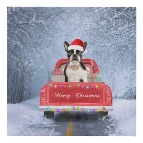 Boston Terrier Dog Snow sitting in Christmas Truck Faux Canvas Print