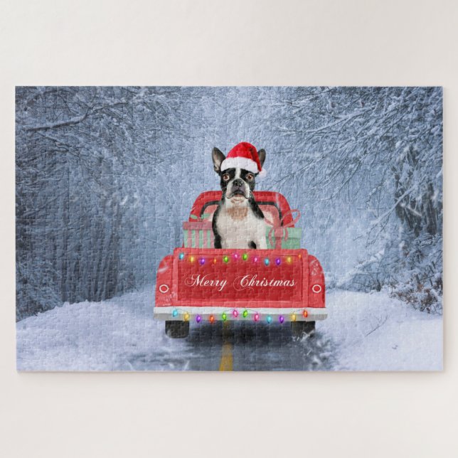 Boston Terrier Dog Snow sitting in Christmas Truck Jigsaw Puzzle (Horizontal)