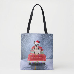 Boston Terrier Dog Snow sitting in Christmas Truck Tote Bag