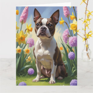 Boston Terrier Dog Spring Flowers Painting Card