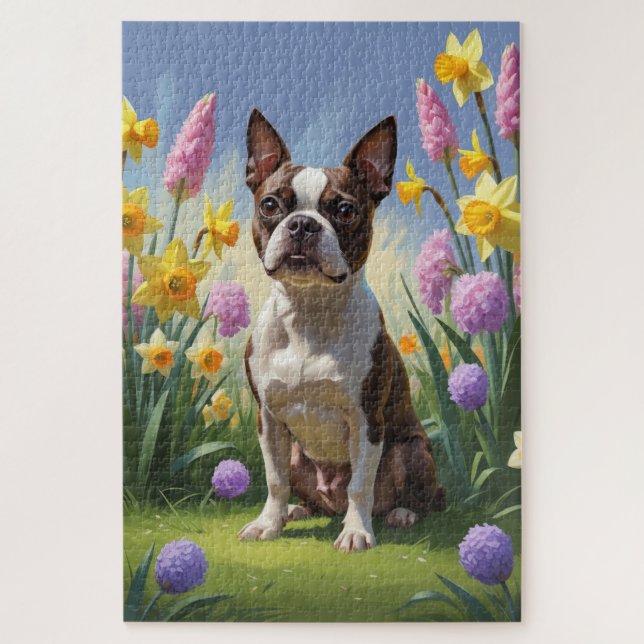 Boston Terrier Dog Spring Flowers Painting Jigsaw Puzzle (Vertical)