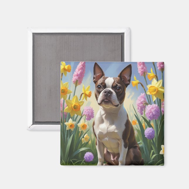 Boston Terrier Dog Spring Flowers Painting Magnet (Front/Back)