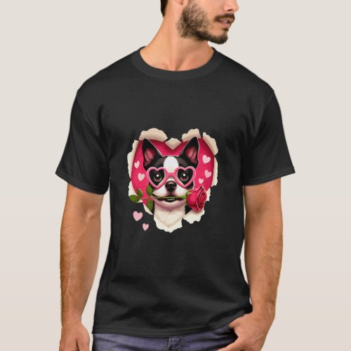 Boston Terrier Dog Sunglasses Love Rose Heart Vale T_Shirt