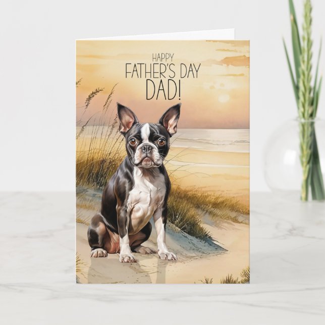 Boston Terrier Dog Sunset Beach Father's Day Holiday Card (Front)