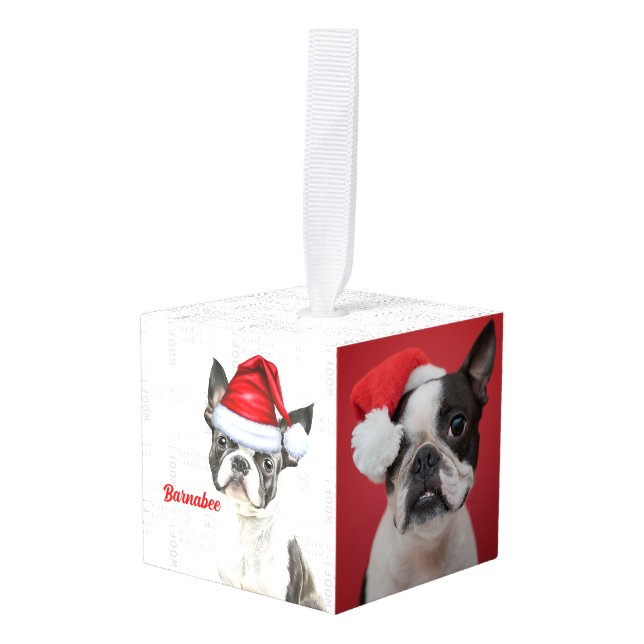 Boston Terrier Dog Two Photo Christmas Holiday Cube Ornament (Front Angled)