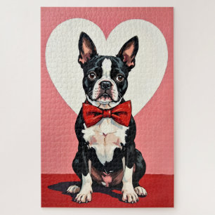 Boston Terrier Dog Valentine's Day Crimson Bow Jigsaw Puzzle