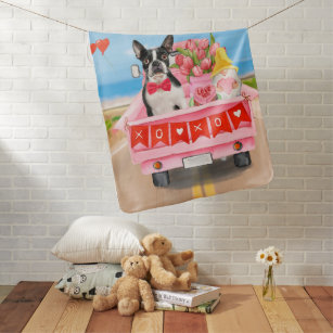 Boston Terrier Dog Valentine's Day Truck Hearts Baby Blanket