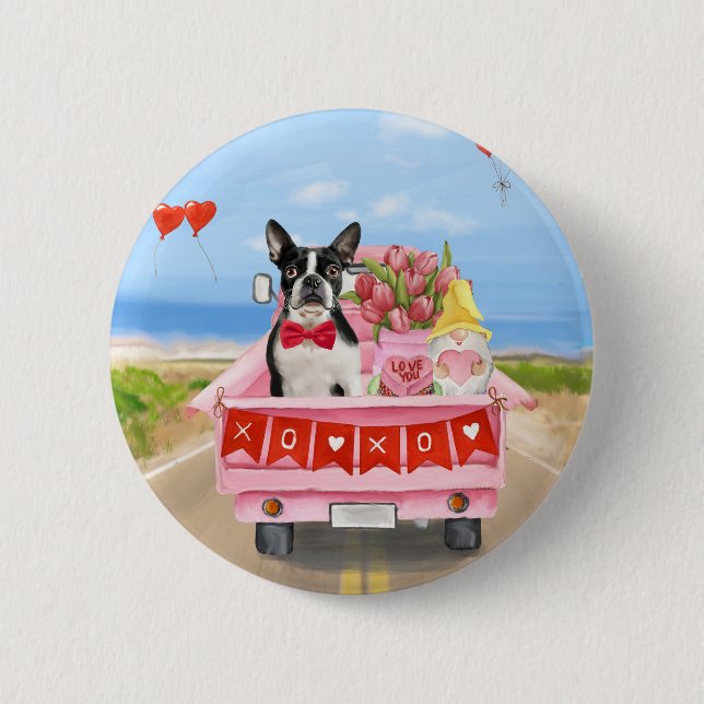 Boston Terrier Dog Valentine's Day Truck Hearts Button (Front)