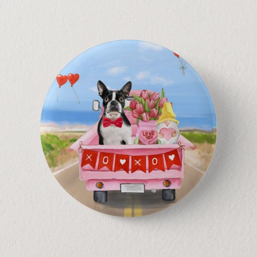 Boston Terrier Dog Valentines Day Truck Hearts Button