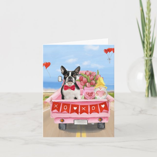 Boston Terrier Dog Valentine's Day Truck Hearts Card (Front)