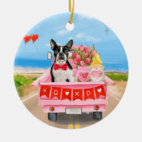 Boston Terrier Dog Valentines Day Truck Hearts Ceramic Ornament