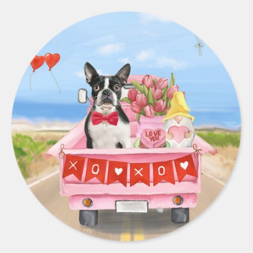 Boston Terrier Dog Valentines Day Truck Hearts Classic Round Sticker