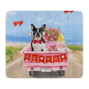 Boston Terrier Dog Valentine's Day Truck Hearts Cutting Board