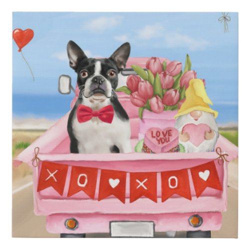 Boston Terrier Dog Valentines Day Truck Hearts Faux Canvas Print