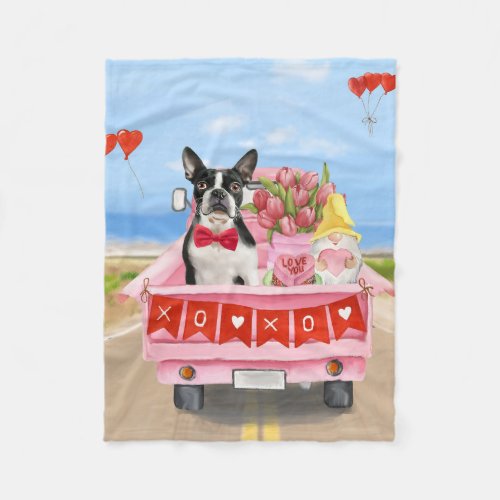 Boston Terrier Dog Valentines Day Truck Hearts Fleece Blanket