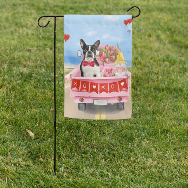 Boston Terrier Dog Valentine's Day Truck Hearts  Garden Flag (In SItu)