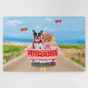 Boston Terrier Dog Valentine's Day Truck Hearts Jigsaw Puzzle