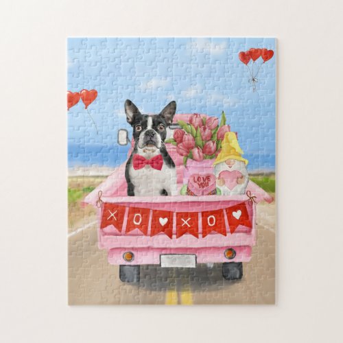 Boston Terrier Dog Valentines Day Truck Hearts Jigsaw Puzzle