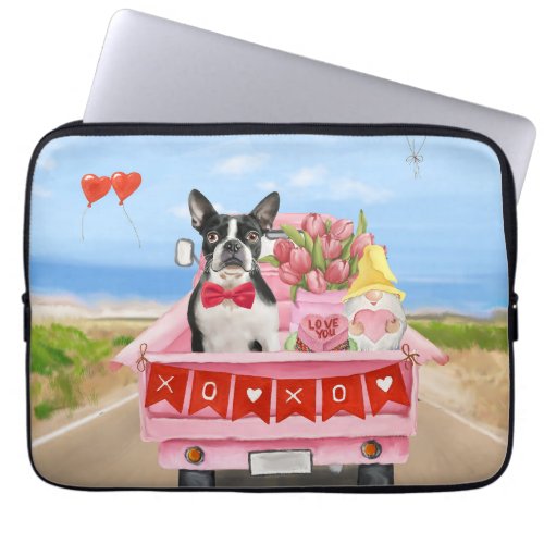 Boston Terrier Dog Valentines Day Truck Hearts Laptop Sleeve