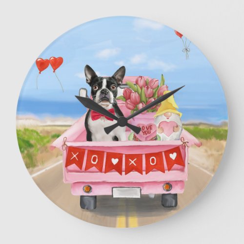 Boston Terrier Dog Valentines Day Truck Hearts Large Clock