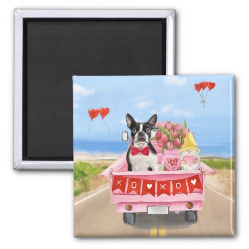 Boston Terrier Dog Valentines Day Truck Hearts Magnet