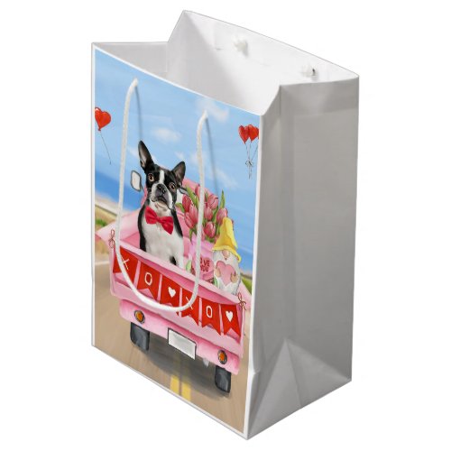 Boston Terrier Dog Valentines Day Truck Hearts Medium Gift Bag