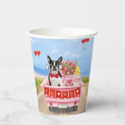 Boston Terrier Dog Valentines Day Truck Hearts Paper Cups