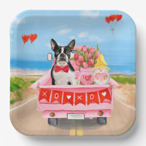 Boston Terrier Dog Valentines Day Truck Hearts Paper Plates