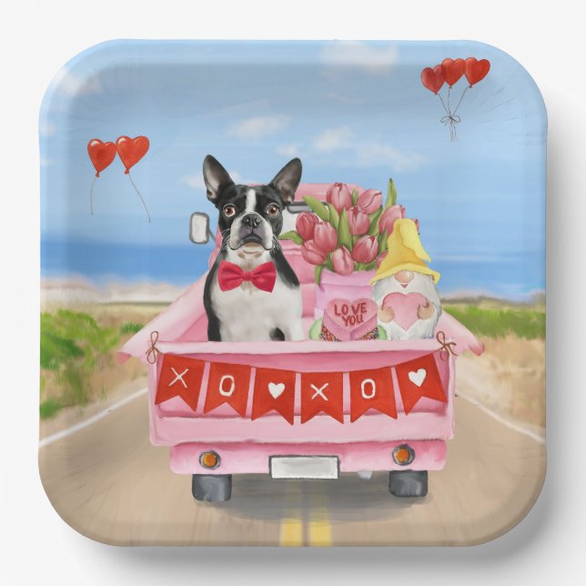 Boston Terrier Dog Valentine's Day Truck Hearts Paper Plates (Front)