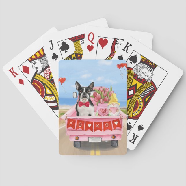 Boston Terrier Dog Valentine's Day Truck Hearts Poker Cards (Back)