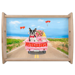 Boston Terrier Dog Valentine's Day Truck Hearts Serving Tray