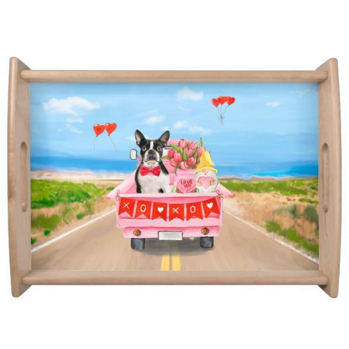 Boston Terrier Dog Valentines Day Truck Hearts Serving Tray