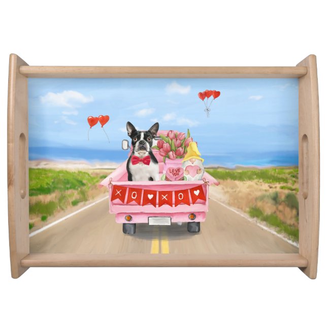 Boston Terrier Dog Valentine's Day Truck Hearts Serving Tray (Front)