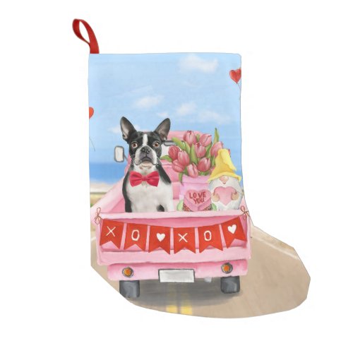 Boston Terrier Dog Valentines Day Truck Hearts Small Christmas Stocking