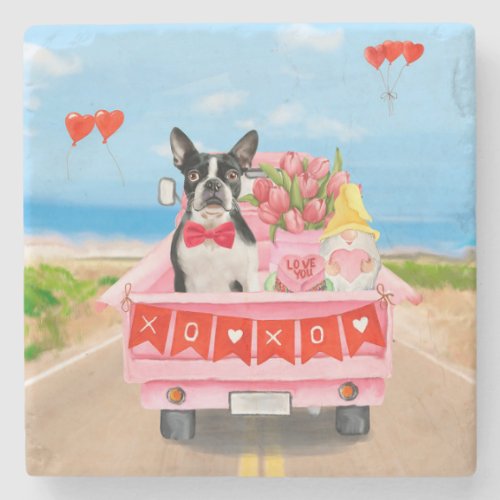 Boston Terrier Dog Valentines Day Truck Hearts Stone Coaster