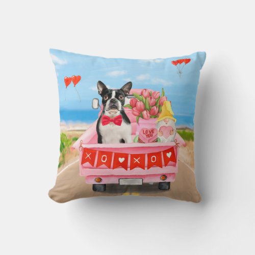 Boston Terrier Dog Valentines Day Truck Hearts  Throw Pillow