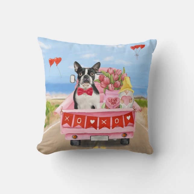 Boston Terrier Dog Valentine's Day Truck Hearts  Throw Pillow (Front)