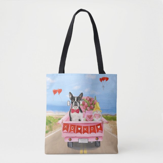 Boston Terrier Dog Valentine's Day Truck Hearts Tote Bag (Front)