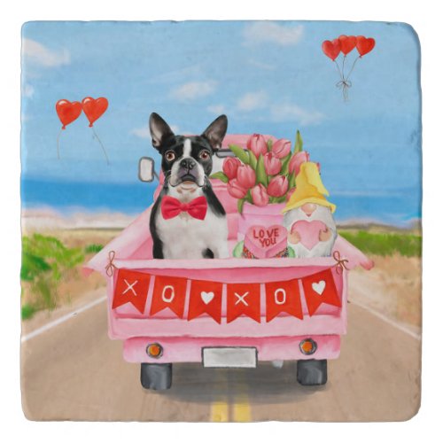 Boston Terrier Dog Valentines Day Truck Hearts Trivet